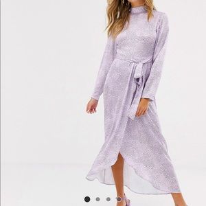 Dusty Daze maxi dress with high neck and belted waist satin